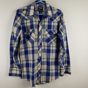 Vintage Wrangler Men's 15.5 Cowboy Cut Button Down Classic Blue Plaid Western‎
